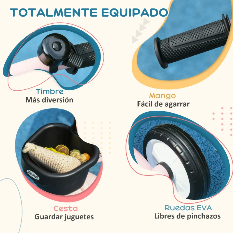 AIYAPLAY Triciclo para Niños de 2 a 5 Años Bicicleta Infantil con Asiento Ajustable Cesta Timbre y Pedales 70,5x53x58 cm Rosa
