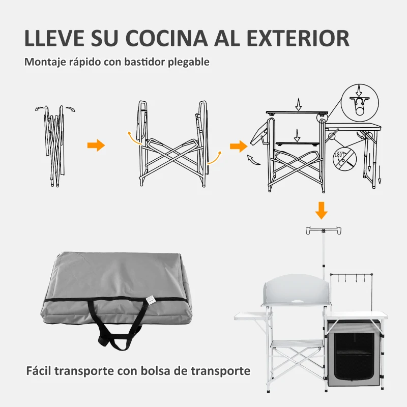 Outsunny Mueble de Cocina para Camping Plegable con Mesas Estantes y Bolsa de Transporte 144x48x119 cm Plata y Gris Claro
