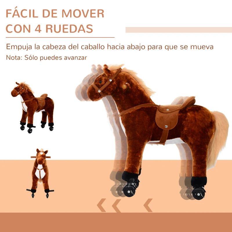 HOMCOM Caballo de Juguete para Niños de +2 Años con Ruedas Sonidos y Estructura de Metal Carga 60kg 65x28x75 cm Marrón