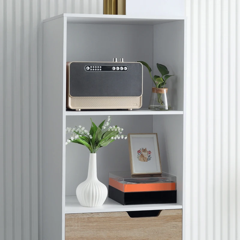 HOMCOM Meuble de rangement sur pied colonne bibliothèque étagère et 3 tiroirs style scandinave blanc et aspect bois 50 x 39 x 169,5 cm