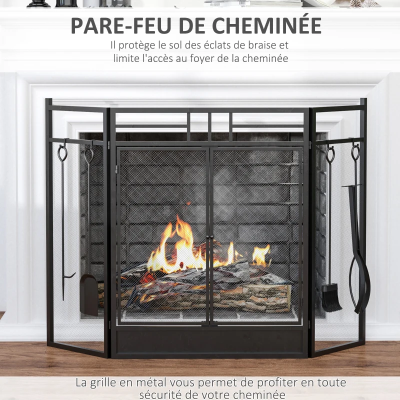 HOMCOM Pare-feu Large pour cheminée ou poêle - Pare-étincelles serviteur de cheminée 2 en 1 avec Accessoires - 3 Volets Pliables et Porte - Acier métal Noir