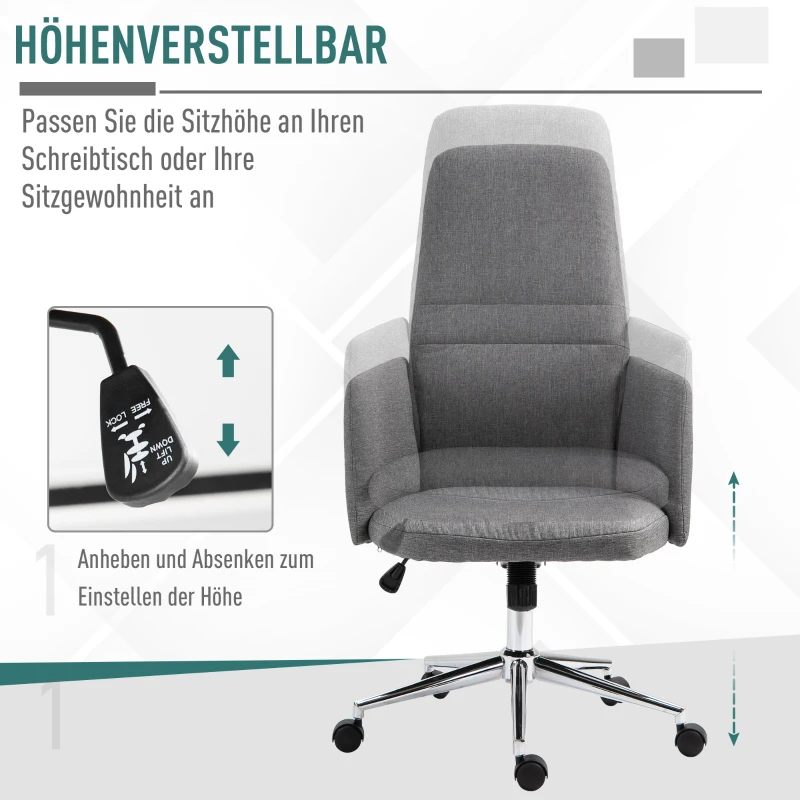 Vinsetto Bürostuhl Ergonomischer Drehstuhl mit Wippenfunktion Armlehne höhenverstellbar Kunstleinen Metall Grau 61 x 67 x 112,5-120,5 cm