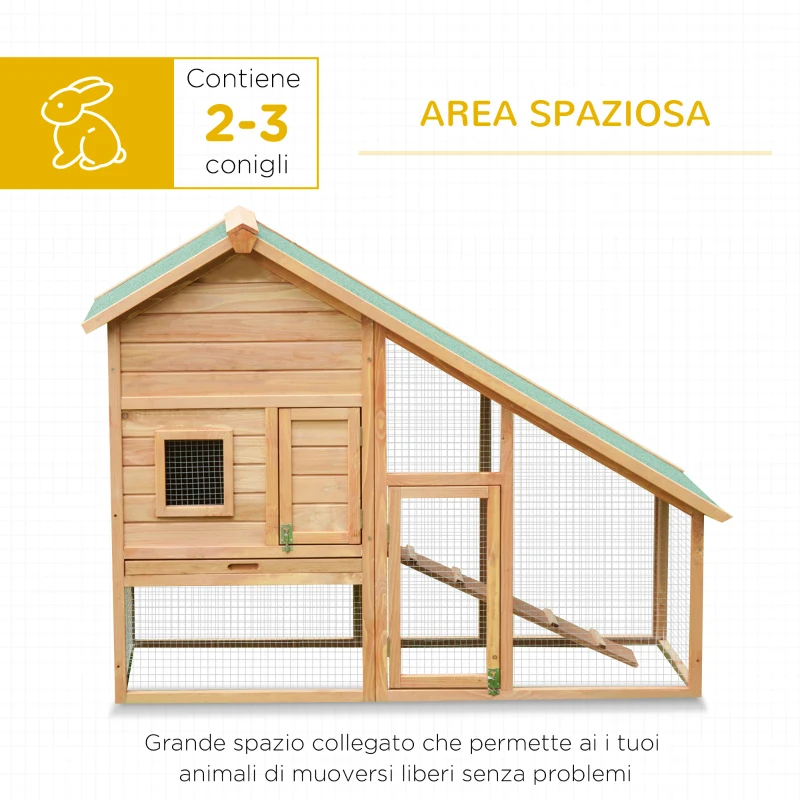 PawHut Gabbia per Conigli in Legno con Recinto e Rampa, Conigliera da Esterno Casetta per Porcellino d'India con Tetto Impermeabile, 158x65x120cm