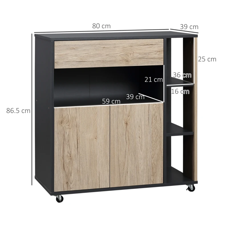 HOMCOM Carrello da Cucina Multiuso con Cassetto, Armadietto e Scaffale, 80x39x86.5cm, Legno e Nero