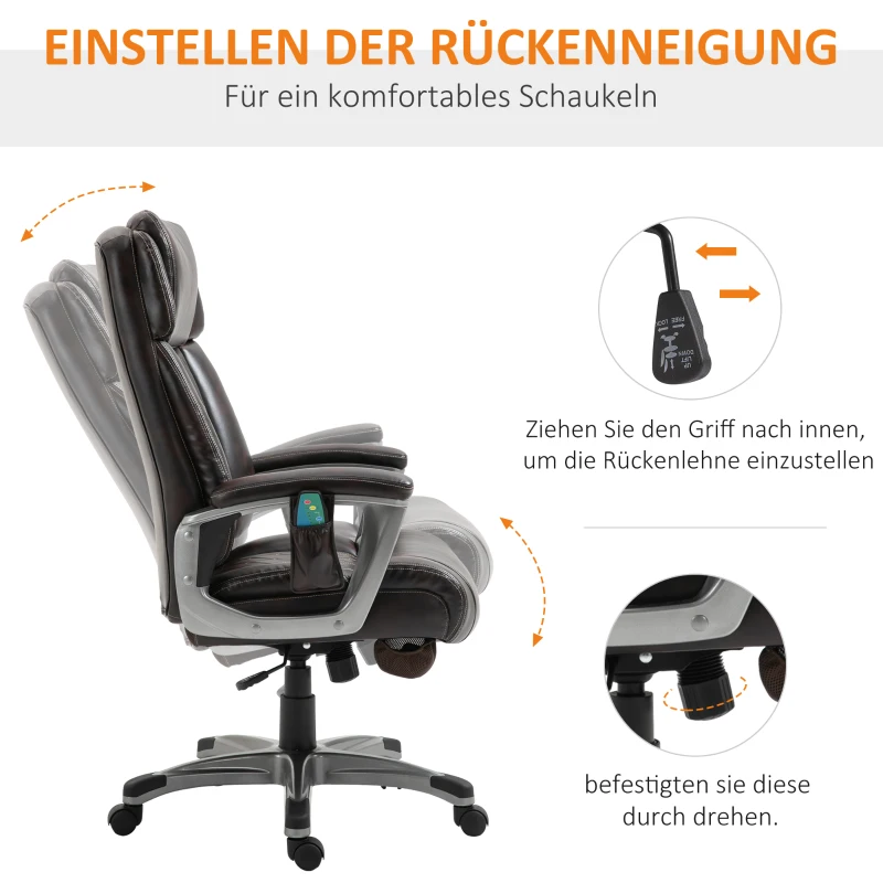 Vinsetto Massage-Bürostuhl 6-Punkt-Massage-Drehstuhl ergonomischer Stuhl Einstellbare aus Kunstleder mit gewölbter Kopfstütze und Armlehne Braun 70 x 76,5 x 114-124 cm