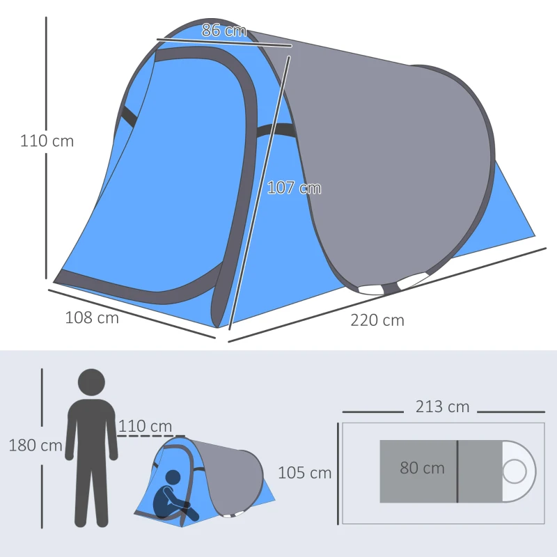 Outsunny Tente pop up montage instantané - tente de camping 2 pers.  - 1 porte + 2 fenêtres - dim. 2,2L x 1,08l x 1,1H m - fibre verre polyester bleu gris