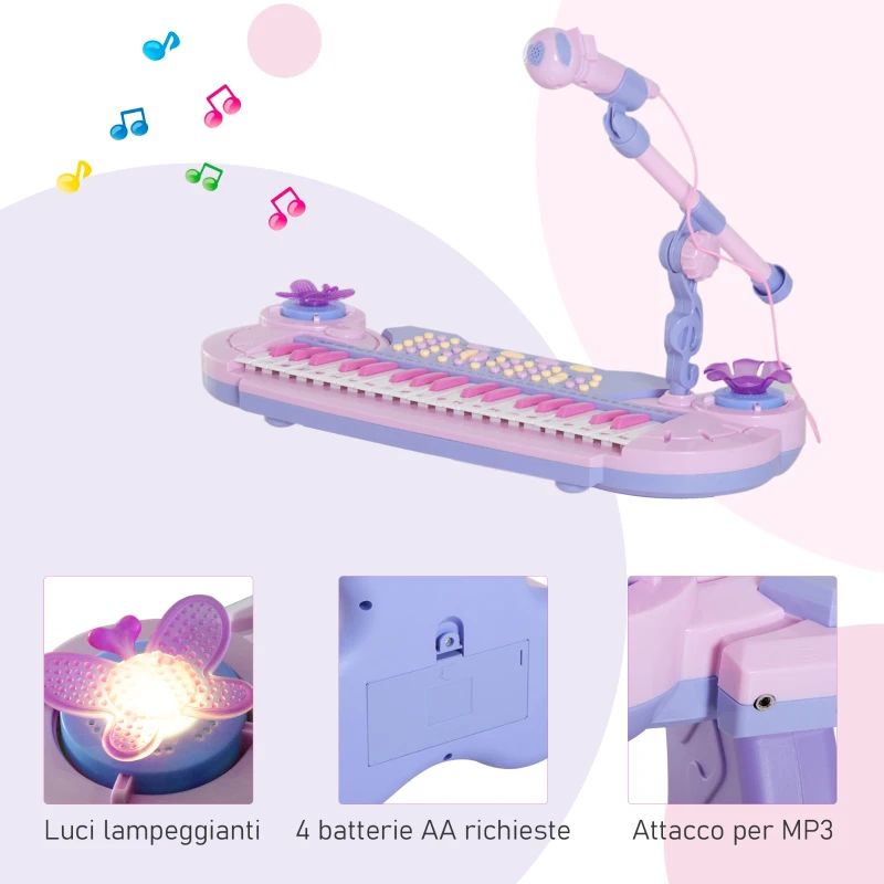 HOMCOM Pianola per Bambini a 37 tasti con Sgabello e Microfono, 12 Strumenti e 22 Musiche, Registrazione, MP3 e Karaoke, Rosa