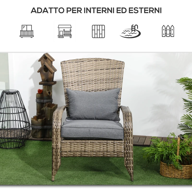 Outsunny Sedia da Giardino Adironrack con Braccioli, in Rattan e Acciaio, 64x80x90 cm, Marrone e Grigio
