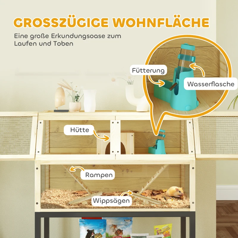 PawHut Zwerghamsterkäfig aus Holz mit Ablagefach, Rädern, Rampen, Wasserflasche, Hütte, Wippen, 87 x 43 x 101cm