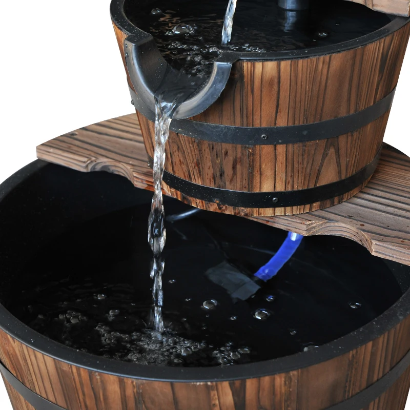 Outsunny Kaskadenbrunnen 2-stufig Gartenbrunnen Zierbrunnen Zimmerbrunnen Wasserspiel Wasserfall Wasserpumpe Tannenholz Dunkelbraun 44,5 x 44,5 x 58,5 cm