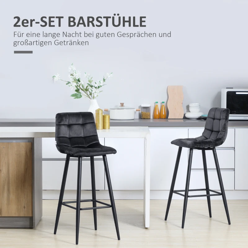 HOMCOM Barhocker Set, skandinavisches Design, Samtbezug, Metallgestell, rutschfeste Füße, Schwarz