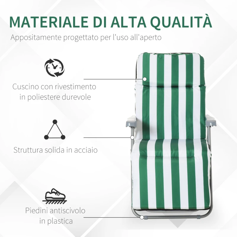 Outsunny Sedia Sdraio da Spiaggia da 2 Pezzi Pieghevole e Reclinabile, Lettini Prendisole da Giardino con Cuscino Imbottito, Verde e Bianco