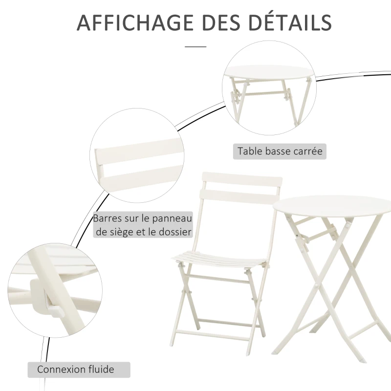 Outsunny Salon de jardin bistro pliable - table ronde Ø 60 cm avec 2 chaises pliantes - métal thermolaqué blanc