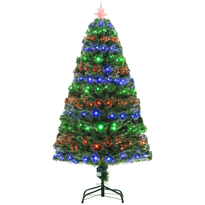 HOMCOM 5 Feet Prelit Artificial Christmas Tree with Multi-Coloured Fiber Optic LED Light, Holiday Home Xmas Decoration, Green
