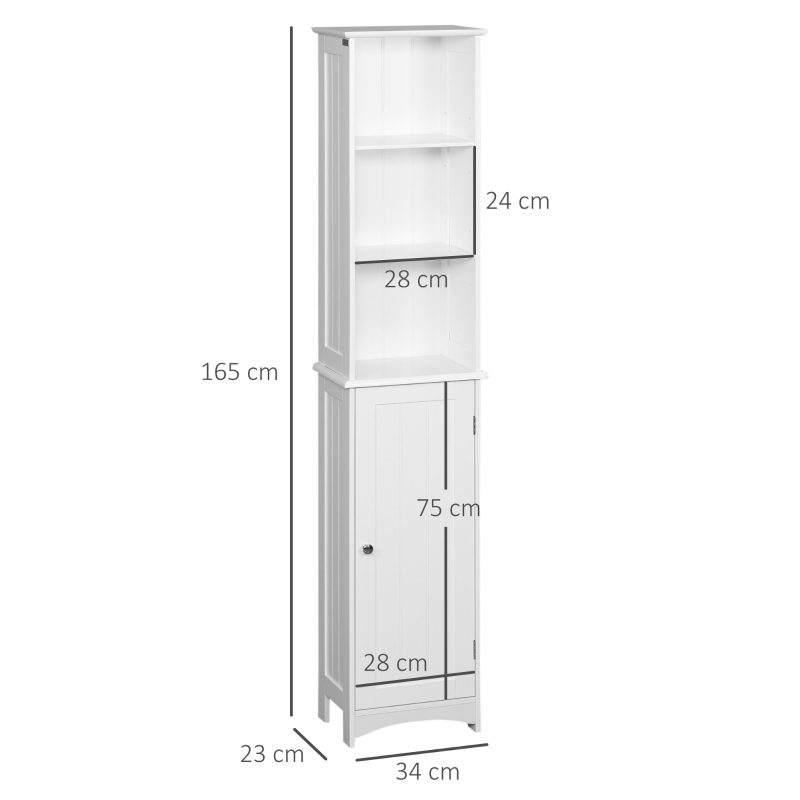 kleankin Columna de Baño con 3 Compartimientos Puerta y Estantes Ajustables para Ducha Aseo 34x23x165 cm Blanco