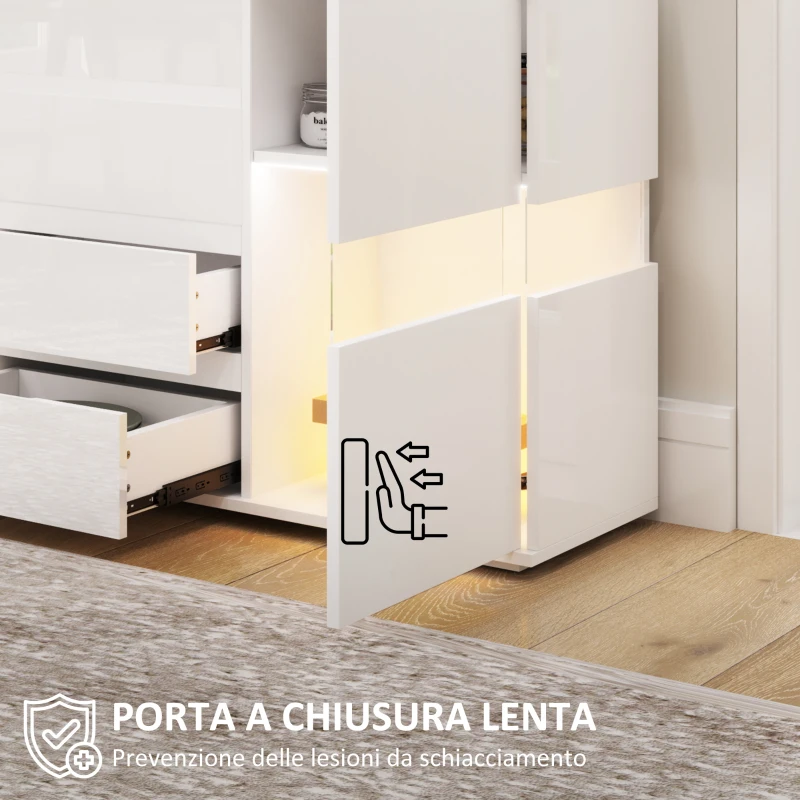 HOMCOM Credenza Moderna con LED Regolabile con Telecomando, 4 Cassetti e 2 Armadietti, 120x34x70 cm, Bianco