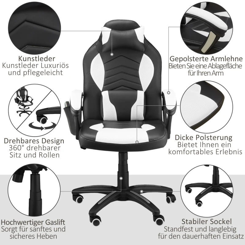 HOMCOM Bürostuhl Massagesessel Massagefunktion mit 6 Vibrationspunkte Ergonomischer Gaming Stuhl mit Wärmefunktion Kunstleder Weiß 68 x 69 x 108-117cm