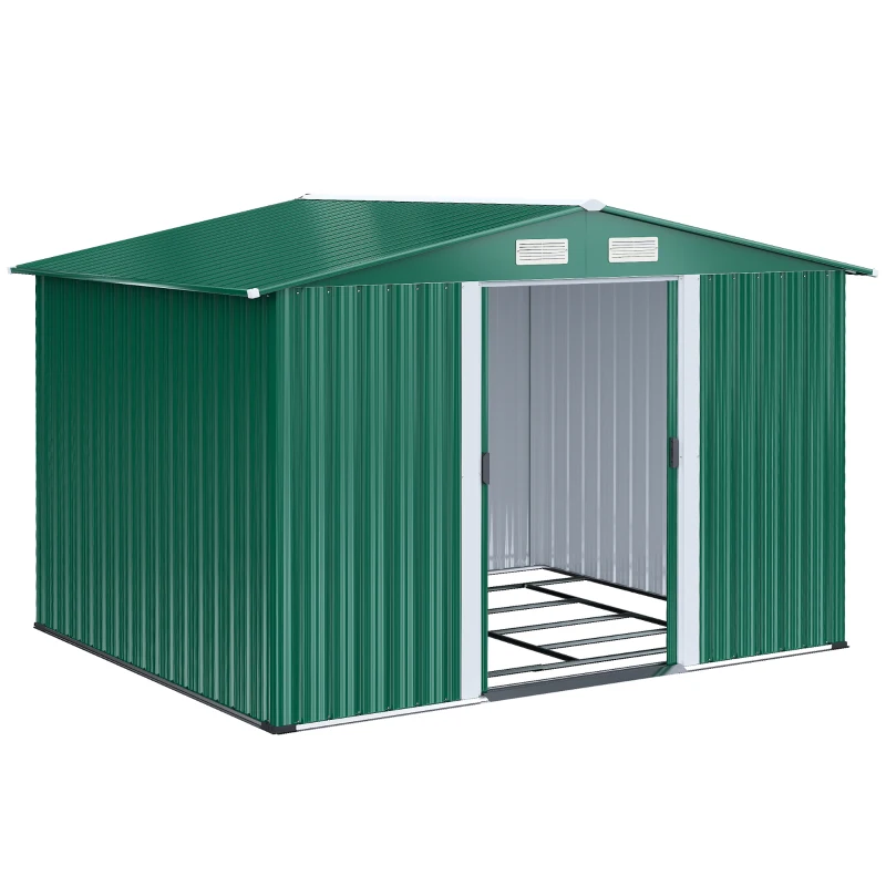Outsunny Caseta de Metálico 258x206x178 cm 5,3m² con Puertas Correderas y Ventilaciones para Almacenamiento de Herramientas Verde