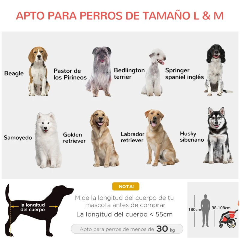 PawHut Remolque de Bicicleta para Perros Plegable 2 en 1 Carrito para Perros de Aluminio con Mango Ajustable Bandera y 6 Reflectores Carga Máxima 40 kg 150x82x98 cm Rojo