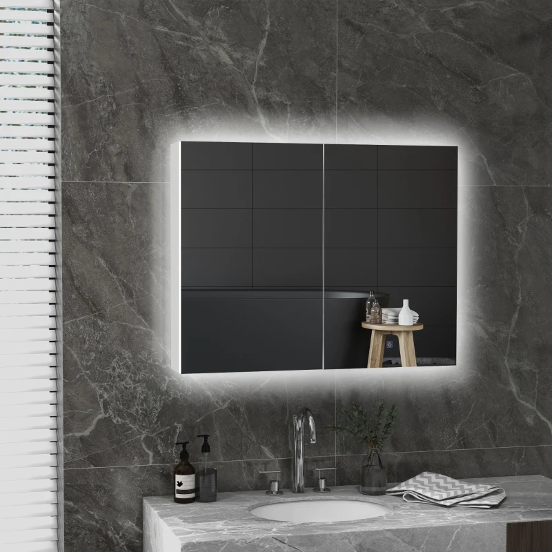 kleankin Bathroom Mirror Cabinet with Light, Bathroom Storage Cupboard with Adjustable Shelf, USB Powered, 90x15x70cm, White