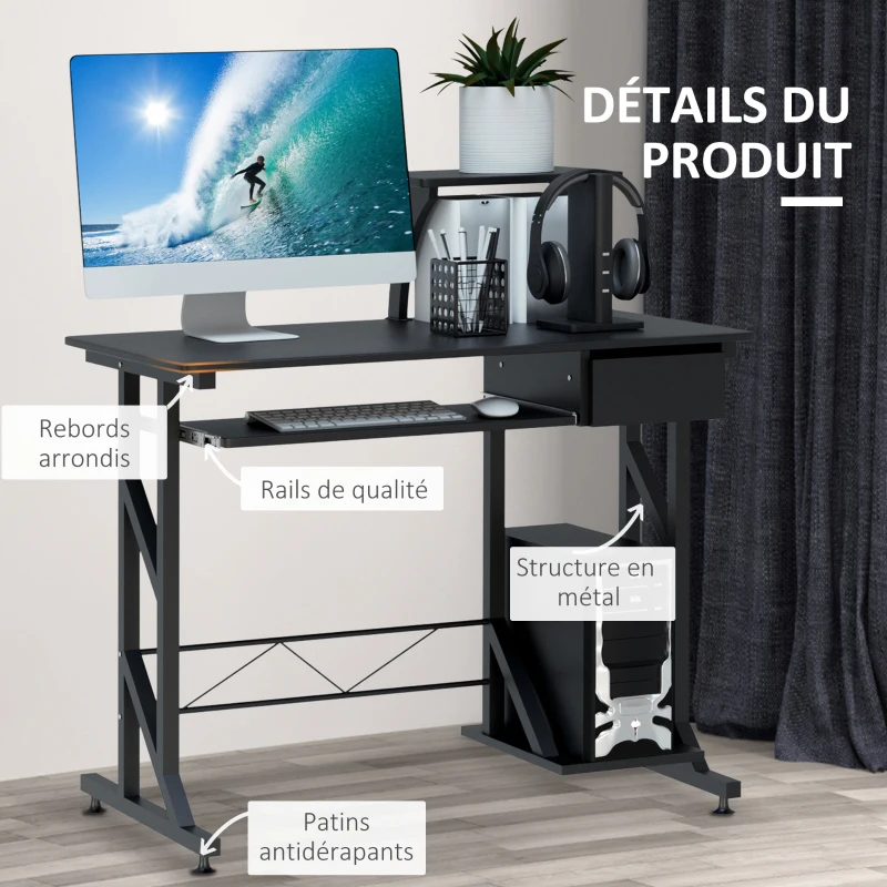 HOMCOM Bureau Informatique Table d'Ordinateur avec Rangement Multifonctionnel Bureau noir en bois 90 x 50 x 100 cm