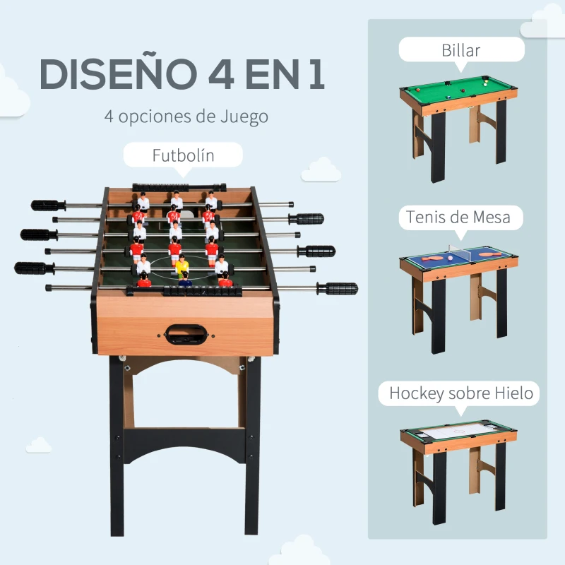 HOMCOM Mesa Multijuegos 4 en 1 para Niños +6 Años Futbolines para Niños Mesa de Billar Mesa de Ping-pong 92x78x80 Natural