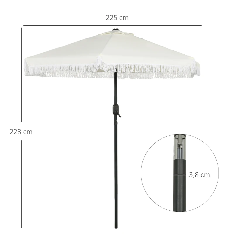 Outsunny Parasol de jardin inclinable parasol avec manivelle à franges style bohème 6 baleines Ø 225 x 223H cm crème et mât noir