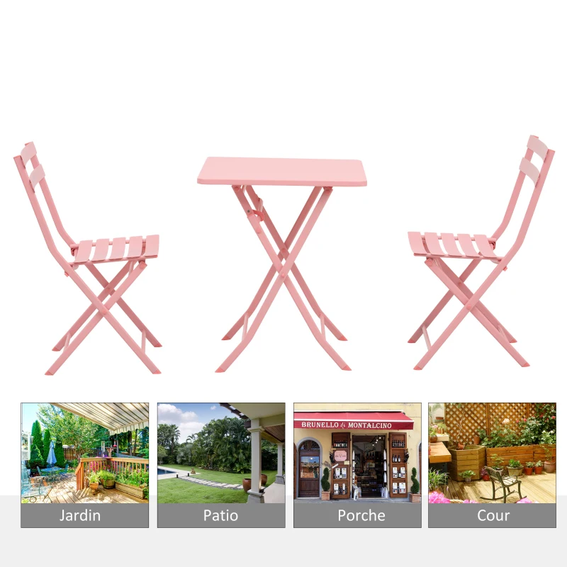 Outsunny Salon de jardin bistro pliable - table carrée dim. 60L x 60l x 71H cm avec 2 chaises - métal thermolaqué rose