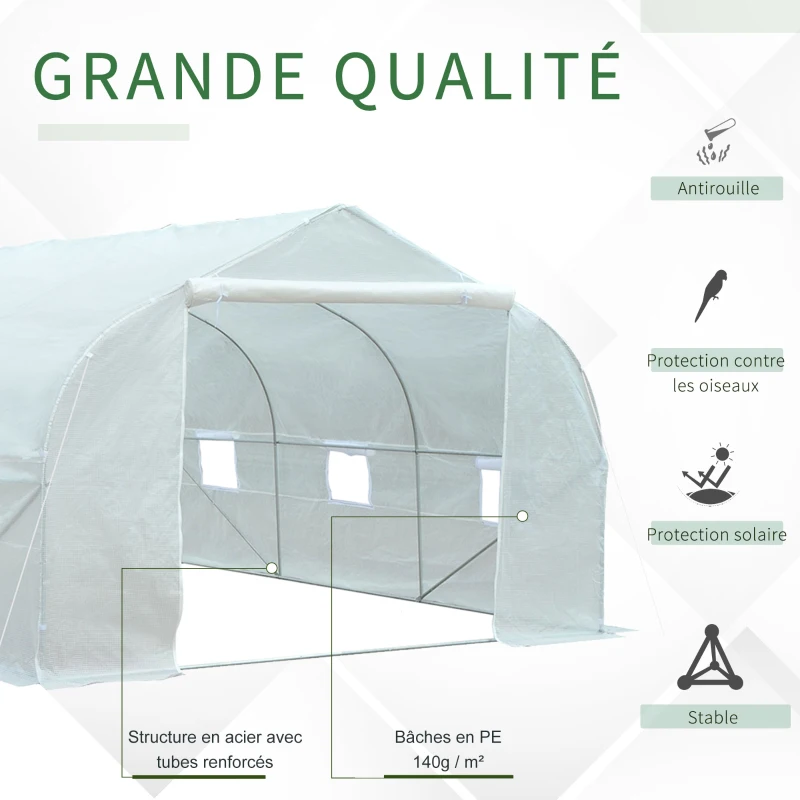 Outsunny Serre Tunnel de Jardin 13,35 m² dim. 4,5L x 3l x 2H m Porte + 6 fenêtres enroulables Acier galvanisé bâche PE Haute densité Blanc