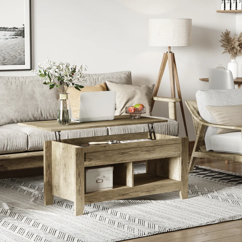HOMCOM Table basse plateau relevable, table de salon avec étagères et compartiment caché,105 x 50 x 49-62,5 cm pour salon, chambre, aspect chêne clair