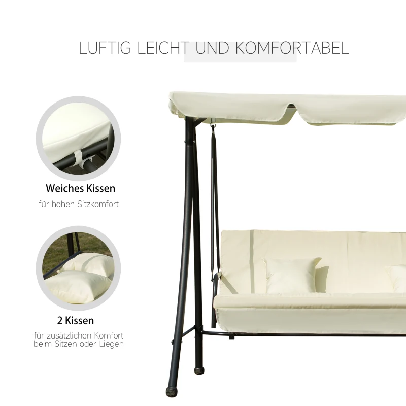 Outsunny Hollywoodschaukel Gartenschaukel Schaukel Schaukelbank mit Liege-Funktion, 3 Sitzer, Metall+Polyester, Weiß, 200 x 125 x 170 cm