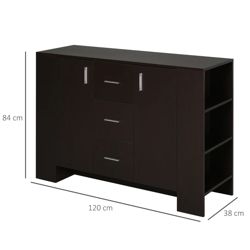 HOMCOM Sideboard, Kommode, Beistellschrank, Standschrank mit 2 Türen und 3 Schubladen, Dunkelkaffee, Spanplatte, 120 x 38 x 84 cm