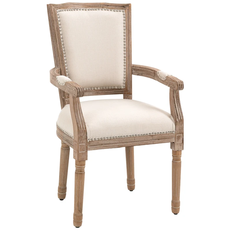 HOMCOM Esszimmerstuhl, Küchenstuhl, Nietendekor, französischer Landhausstil, Kautschukholz, Cremeweiß, 59 x 63,5 x 96cm
