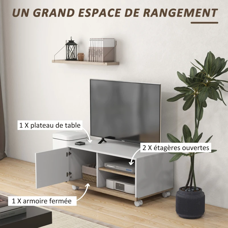 HOMCOM Meuble TV sur roulettes avec 2 Freins - 2 niches + Placard Porte 2 Passe-Fil - en bois Blanc chêne Clair