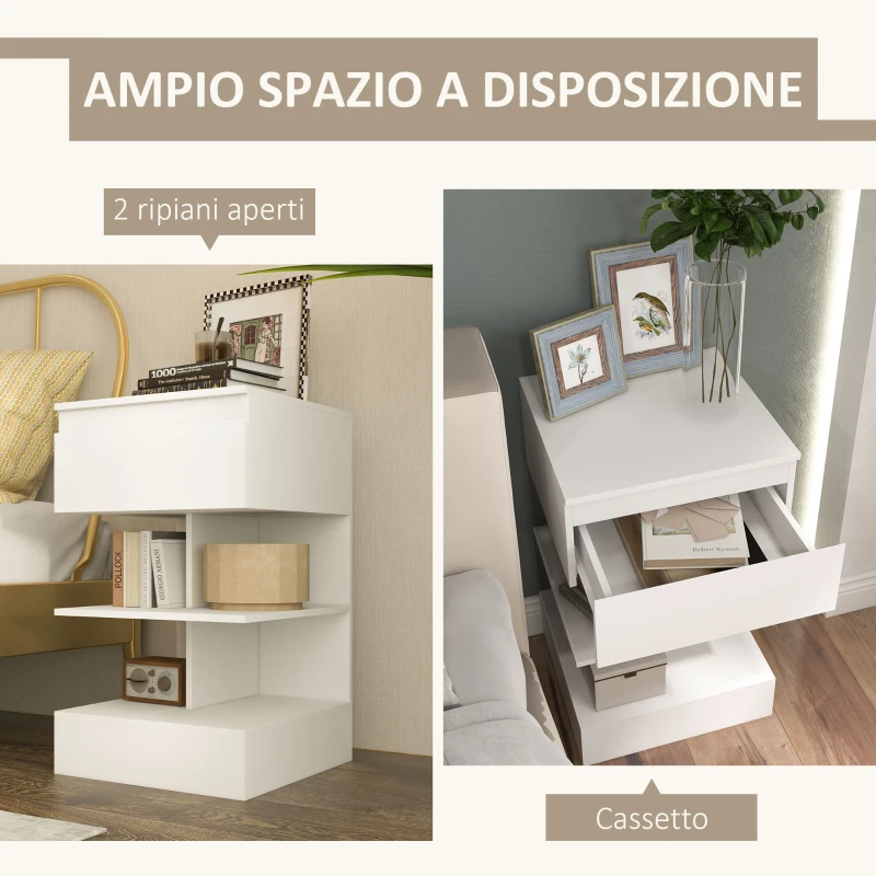 HOMCOM Comodino Moderno in Truciolato e MDF con un Cassetto e 2 Ripiani, 39x39x65 cm, Bianco