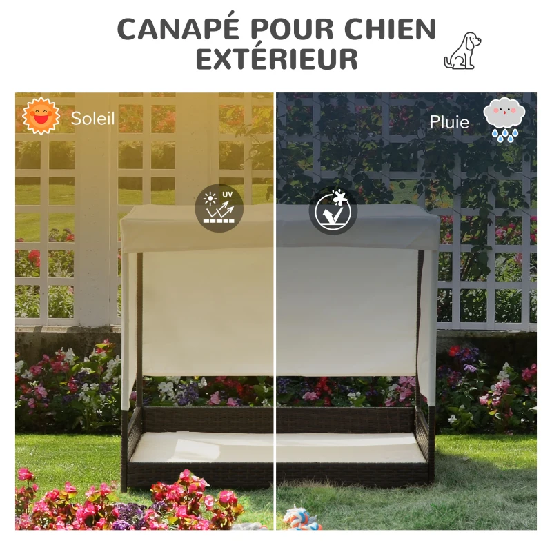 PawHut Lit Surélevé pour Chien Chat avec Coussin et auvent Toile Amovibles pour Extérieur et Intérieur dim. 91L x 71l x 81H cm résine tressée