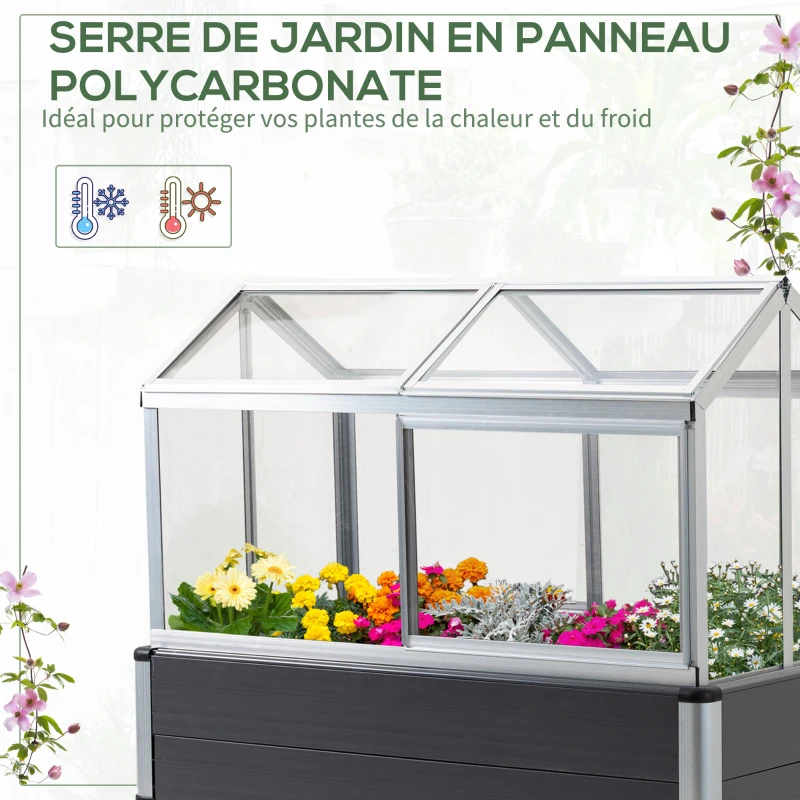 Outsunny Jardinière sur Pieds avec Serre de Jardin en Panneau Polycarbonate jardinière surélevée rectangulaire extérieur de Jardin toits ouvrables Portes coulissantes alu. 113,5 x 61 x 128,5 cm Gris