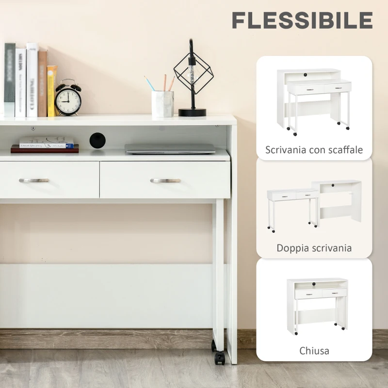HOMCOM Tavolo Scrivania Salvaspazio per Camera e Ufficio, Scrivania con Cassetti e Ruote, Postazione di Lavoro Doppia o Singola, 100x36x88cm, Bianco