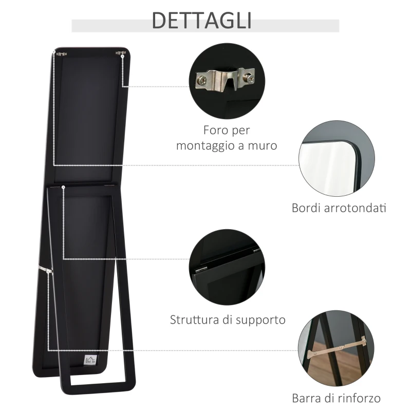 HOMCOM Specchio da Terra e da Parete con Struttura in Legno e Supporto Pieghevole, 37x43x156cm, Nero