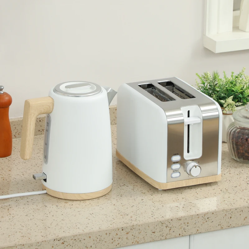 HOMCOM Stainless Steel Kettle and Toaster Set, 1.7L 3000W Fast Boil Kettle & 2 Slice Toaster Kitchen Set with 7 Level Browning Controls, Defrost, Reheat, Auto Off, Boil-dry Protection, White