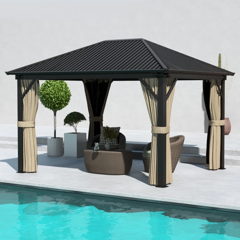 Outsunny 3 x 3.6m Outdoor Hardtop Gazebo Metal Roof Patio Gazebo with Aluminium Frame, Mesh Nettings, Curtains, & Roomy Interior Space, Brown