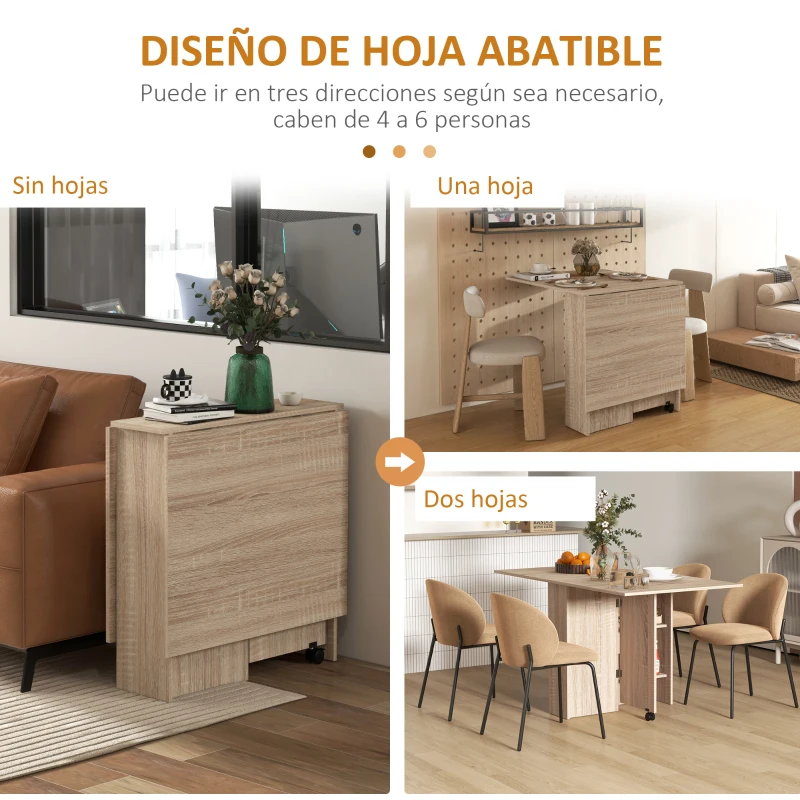 HOMCOM Mesa Plegable con 2 Alas Abatibles de Madera 2 Estantes y Ruedas para Cocina Comedor 75x140x74 cm Madera Natural(m-4)