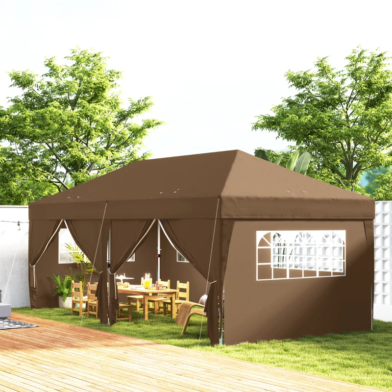 Outsunny Carpa Plegable 6x3 m Gazebo con 6 Paredes Laterales Impermeable Anti-UV y Bolsa de Transporte para Camping Fiesta Café