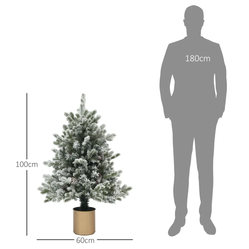 HOMCOM Weihnachtsbaum mit Tannenzapfen, schneebedeckt, flammenhemmend, stabil, Ø60 x 100H cm, Grün/Gold