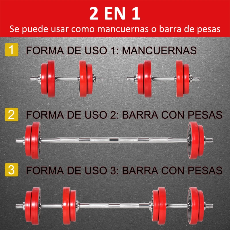 HOMCOM Juego de Mancuernas 20 kg Ajustables 2 en 1 con 8 Discos 2 Barras y Biela Ajustable para Entrenamiento de Fuerza Levantamiento de Pesas Hogar Gimnasio Oficina Negro y Rojo