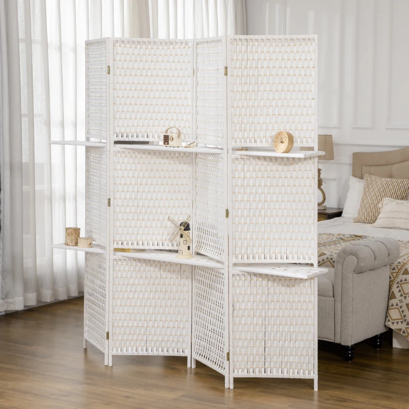 HOMCOM Biombo Separador de Ambientes Plegable con 2 Estantes de Madera de Pino y Fibra de Papel 181x180 cm Blanco
