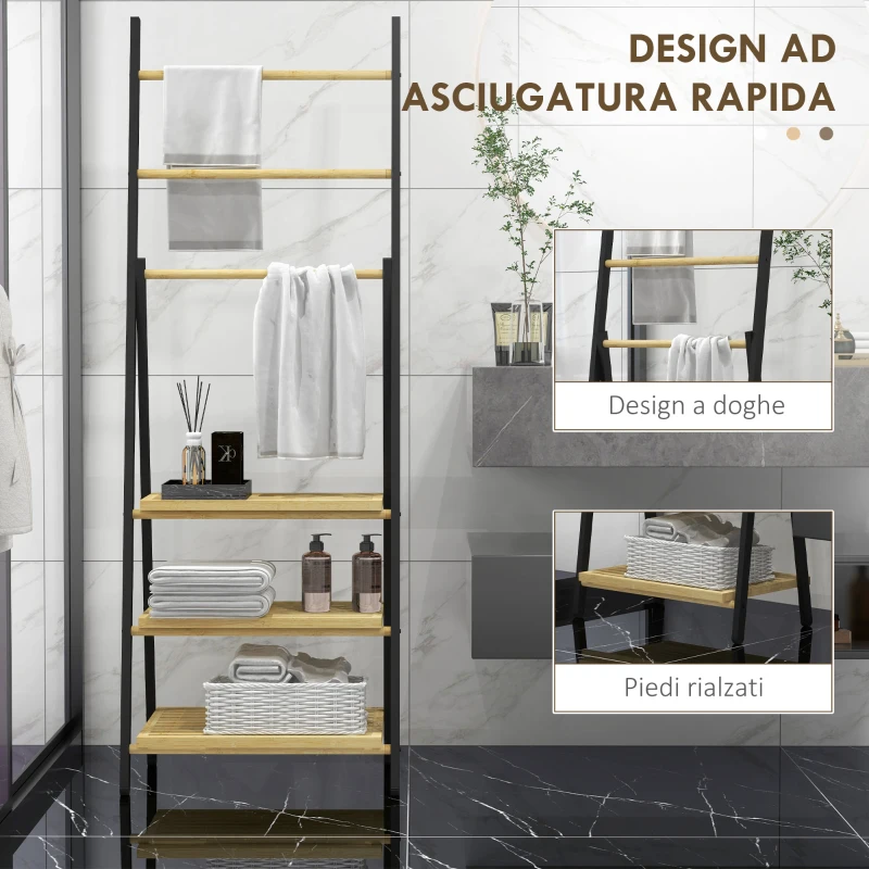 HOMCOM Portasciugamani Pieghevole con 3 Barre e 3 Ripiani, in Bambù e Acciaio, 53x31x153 cm, Nero e color Legno