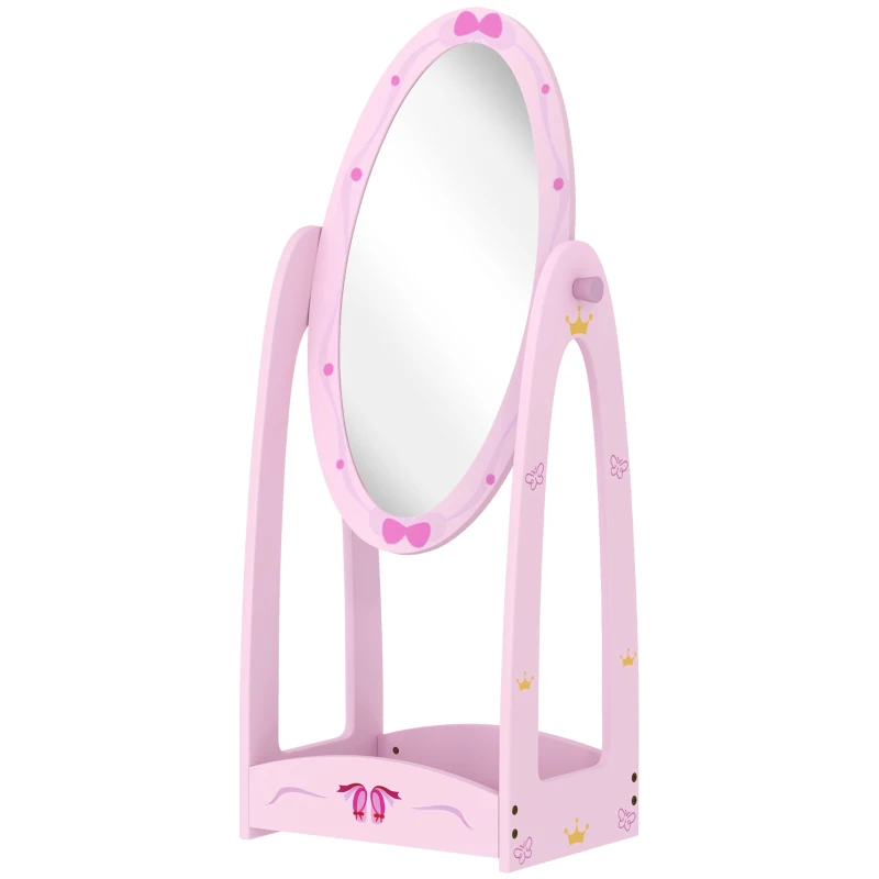 AIYAPLAY Kids Full Length Mirror, 360° Rotating Children Standing Mirror with Storage Shelf, Pink