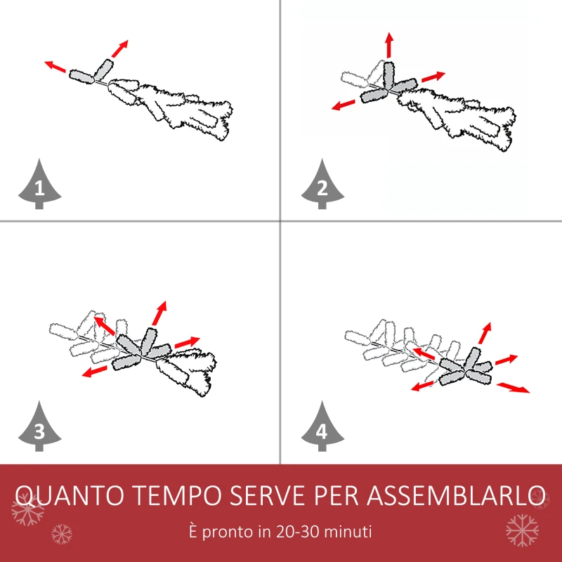HOMCOM Albero di Natale Innevato Artificiale 180cm con Bacche Rosse e Pigne Bianche, Base Rimovibile Pieghevole, 618 Rami