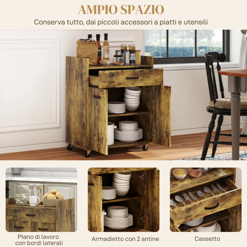 HOMCOM Carrello da Cucina con Cassetto, Armadietto e 4 Ruote in Legno, 60x40x77cm, Marrone Rustico